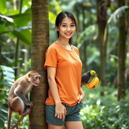 A beautiful Asian woman in her twenties wearing a t-shirt and shorts, standing in a lush forest next to a tree