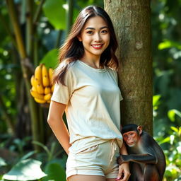 A beautiful Asian woman in her twenties wearing a t-shirt and shorts, standing in a lush forest next to a tree