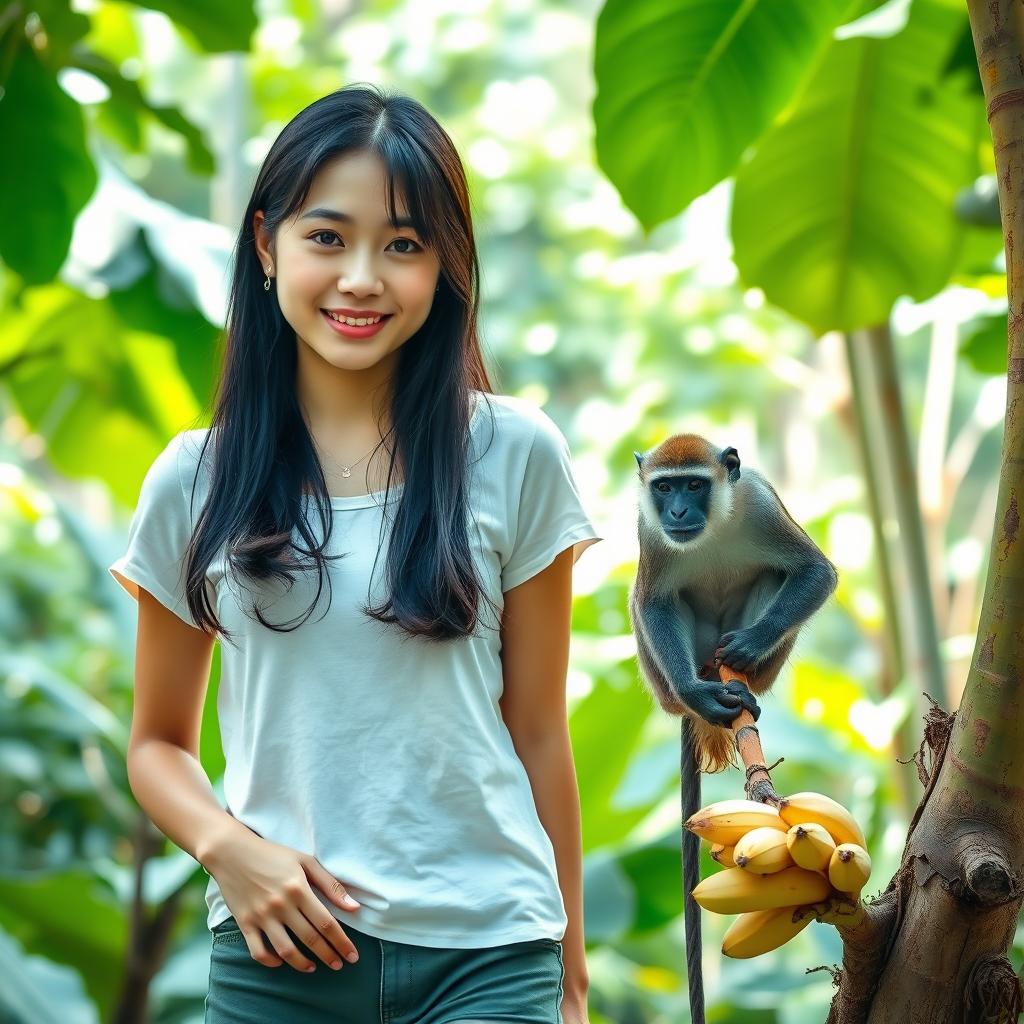 A beautiful Asian woman in her twenties wearing a t-shirt and shorts, standing in a lush forest next to a tree