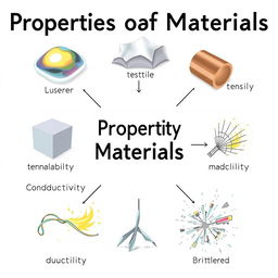A detailed scientific illustration showcasing various properties of materials such as luster, malleability, tensile strength, conductivity, ductility, and brittleness