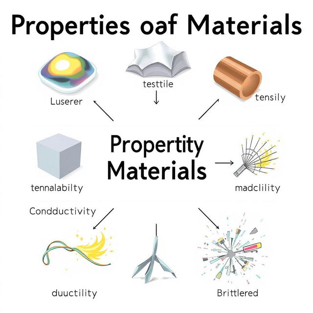 A detailed scientific illustration showcasing various properties of materials such as luster, malleability, tensile strength, conductivity, ductility, and brittleness