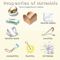 A detailed scientific illustration showcasing various properties of materials such as luster, malleability, tensile strength, conductivity, ductility, and brittleness