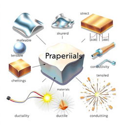 A detailed scientific illustration showcasing various properties of materials such as luster, malleability, tensile strength, conductivity, ductility, and brittleness