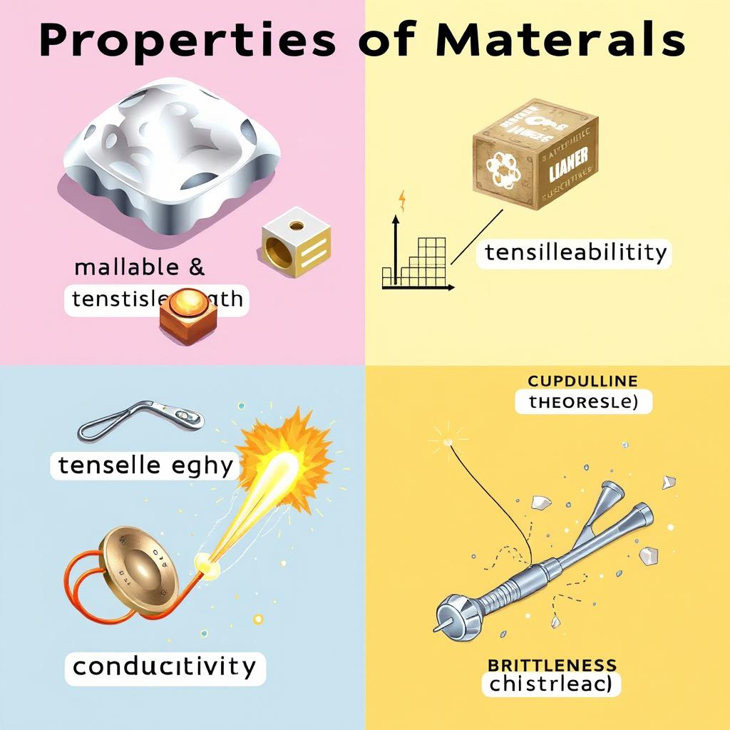 A detailed scientific illustration showcasing various properties of materials such as luster, malleability, tensile strength, conductivity, ductility, and brittleness