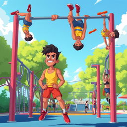 A dynamic and colorful animated illustration of a person performing advanced calisthenics tricks in a calisthenics park
