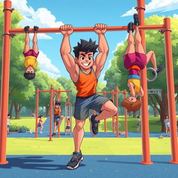 A dynamic and colorful animated illustration of a person performing advanced calisthenics tricks in a calisthenics park