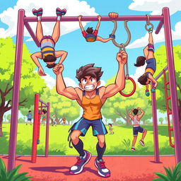 A dynamic and colorful animated illustration of a person performing advanced calisthenics tricks in a calisthenics park