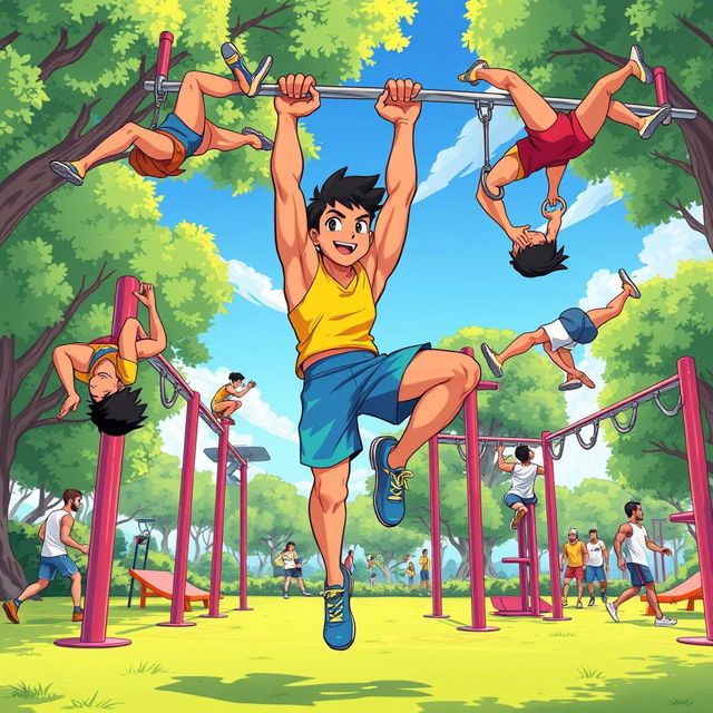 A dynamic and colorful animated illustration of a person performing advanced calisthenics tricks in a calisthenics park