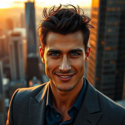 A beautifully handsome man with chiseled features, deep blue eyes, and an alluring smile