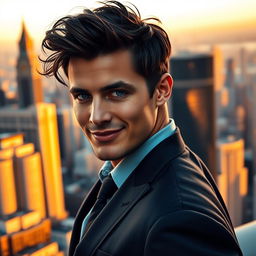 A beautifully handsome man with chiseled features, deep blue eyes, and an alluring smile