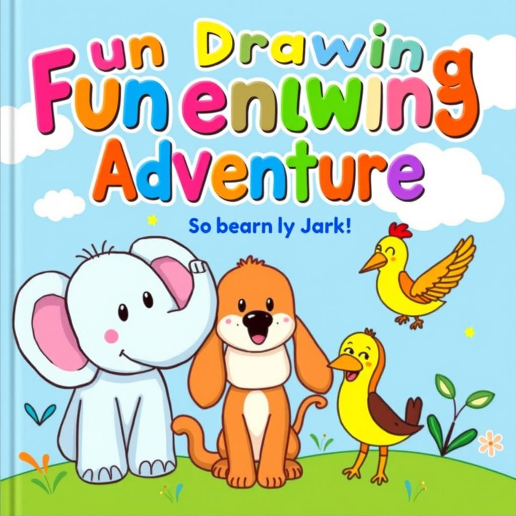 A fun and colorful book cover designed for kids, featuring whimsical illustrations of friendly animals like a smiling elephant, a playful puppy, and a cheerful bird