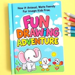 A fun and colorful book cover designed for kids, featuring whimsical illustrations of friendly animals like a smiling elephant, a playful puppy, and a cheerful bird