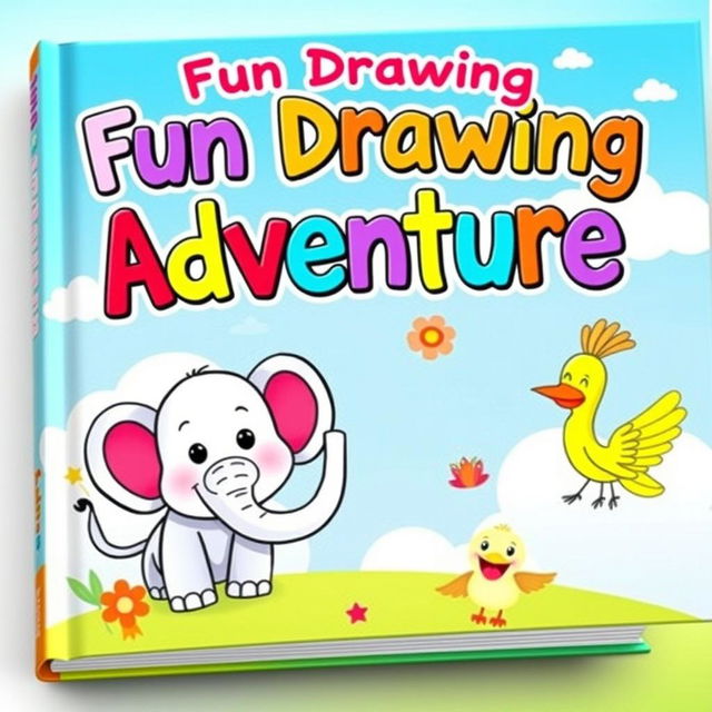 A fun and colorful book cover designed for kids, featuring whimsical illustrations of friendly animals like a smiling elephant, a playful puppy, and a cheerful bird