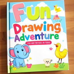 A fun and colorful book cover designed for kids, featuring whimsical illustrations of friendly animals like a smiling elephant, a playful puppy, and a cheerful bird