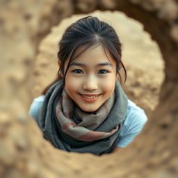A beautiful young Asian woman wearing a t-shirt and a scarf wrapped around her neck, peeping through a hole in the ground, facing the camera with a gentle and cute smile