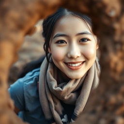 A beautiful young Asian woman wearing a t-shirt and a scarf wrapped around her neck, peeping through a hole in the ground, facing the camera with a gentle and cute smile