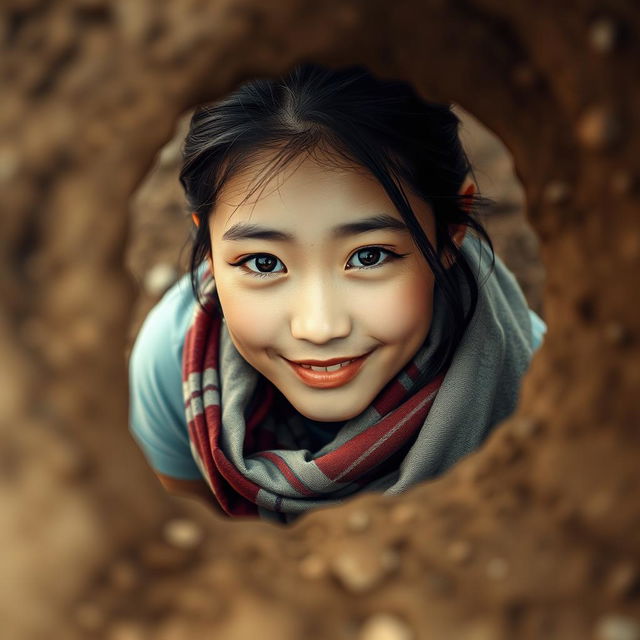 A beautiful young Asian woman wearing a t-shirt and a scarf wrapped around her neck, peeping through a hole in the ground, facing the camera with a gentle and cute smile