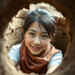 A beautiful young Asian woman wearing a t-shirt and a scarf wrapped around her neck, peeping through a hole in the ground, facing the camera with a gentle and cute smile