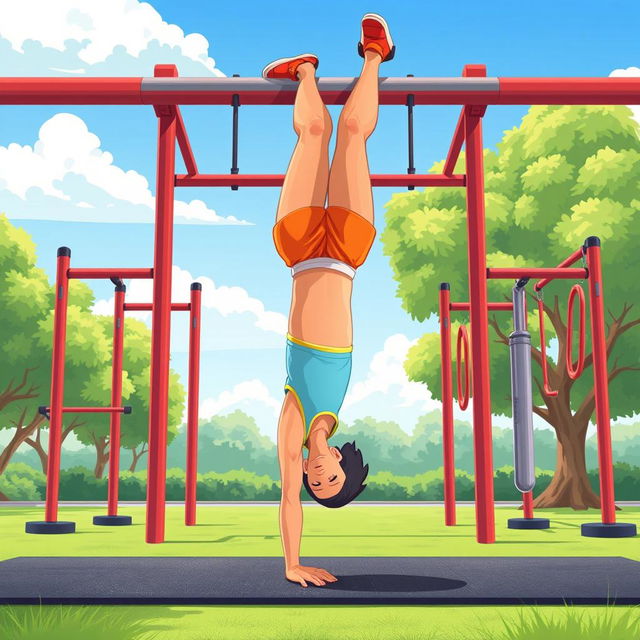 A vibrant animated illustration of a person skillfully executing a full planche in a calisthenics park