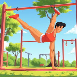 A vibrant animated illustration of a person skillfully executing a full planche in a calisthenics park