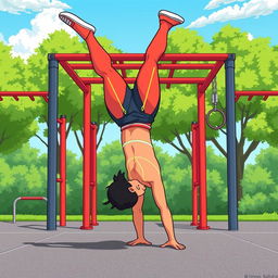 A vibrant animated illustration of a person skillfully executing a full planche in a calisthenics park