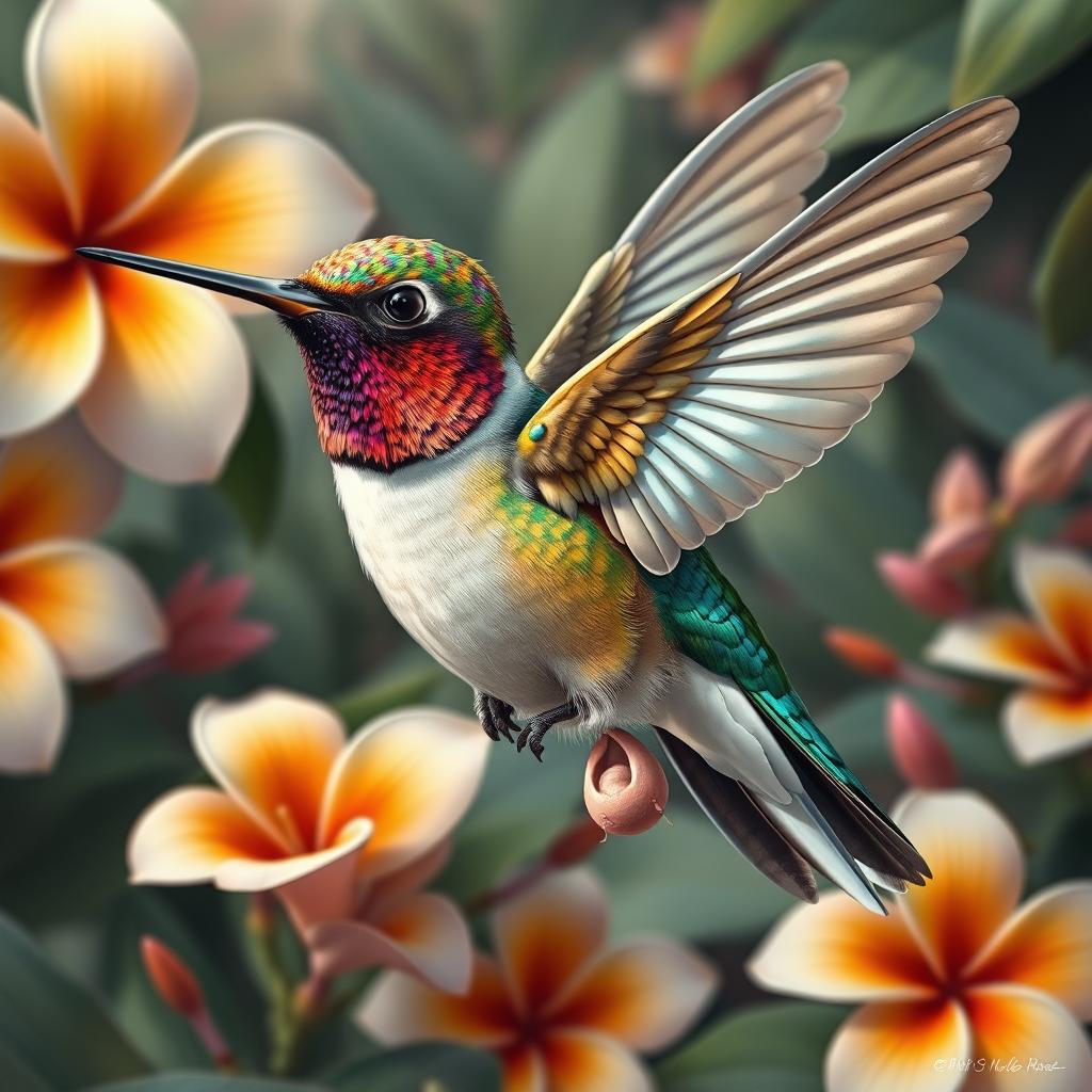 A realistically drawn hummingbird featuring precise anatomical details and vibrant feathers with iridescent hues, seamlessly integrating human testicles into its body design in a surreal manner