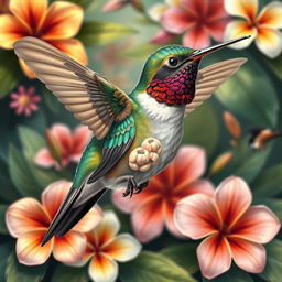 A realistically drawn hummingbird featuring precise anatomical details and vibrant feathers with iridescent hues, seamlessly integrating human testicles into its body design in a surreal manner