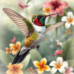 A realistically drawn hummingbird featuring precise anatomical details and vibrant feathers with iridescent hues, seamlessly integrating human testicles into its body design in a surreal manner