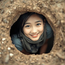 A young beautiful Asian woman wearing a t-shirt and a scarf wrapped around her neck, peeking out from a hole in the ground, facing the camera with a soft and cute smile