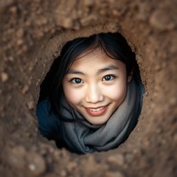 A young beautiful Asian woman wearing a t-shirt and a scarf wrapped around her neck, peeking out from a hole in the ground, facing the camera with a soft and cute smile