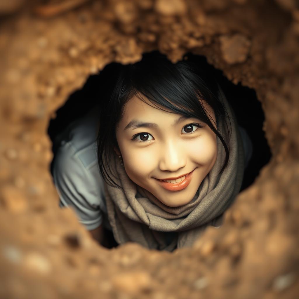 A young beautiful Asian woman wearing a t-shirt and a scarf wrapped around her neck, peeking out from a hole in the ground, facing the camera with a soft and cute smile