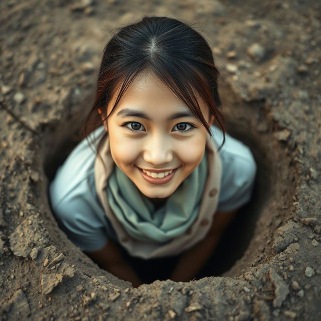 A young beautiful Asian woman wearing a t-shirt and a scarf wrapped around her neck, peeking out from a hole in the ground, facing the camera with a soft and cute smile