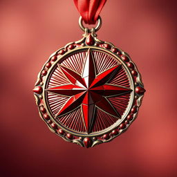A beautifully crafted red medal featuring a prominent red star at its center, shimmering with high quality and intricate detailing
