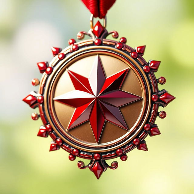 A beautifully crafted red medal featuring a prominent red star at its center, shimmering with high quality and intricate detailing