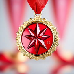 A beautifully crafted red medal featuring a prominent red star at its center, shimmering with high quality and intricate detailing
