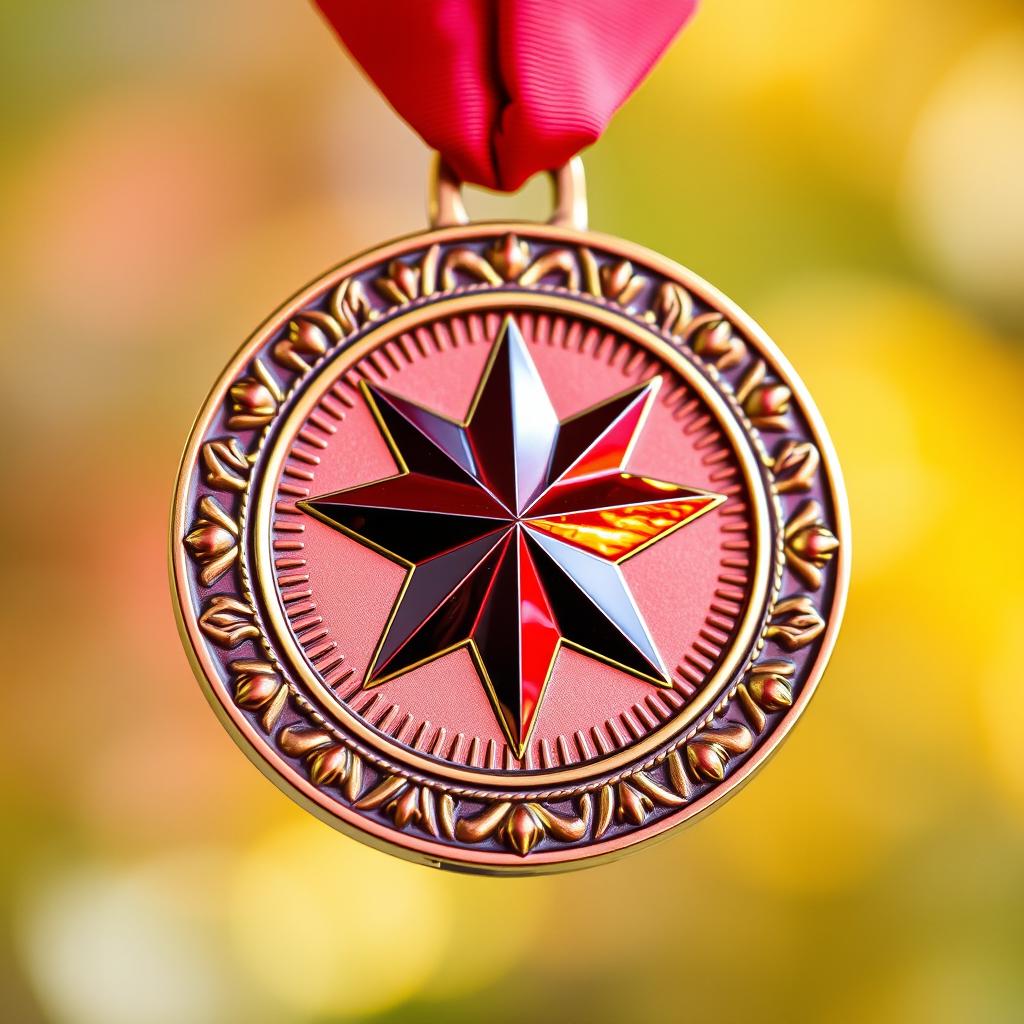 A beautifully crafted red medal featuring a prominent red star at its center, shimmering with high quality and intricate detailing