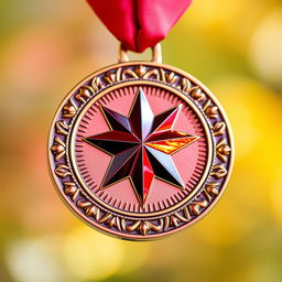 A beautifully crafted red medal featuring a prominent red star at its center, shimmering with high quality and intricate detailing