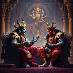 A dramatic and vibrant scene depicting Shumbh and Nishumbh engaged in a discussion about the beauty of Devi Kaushiki in their elaborate sabha (court)