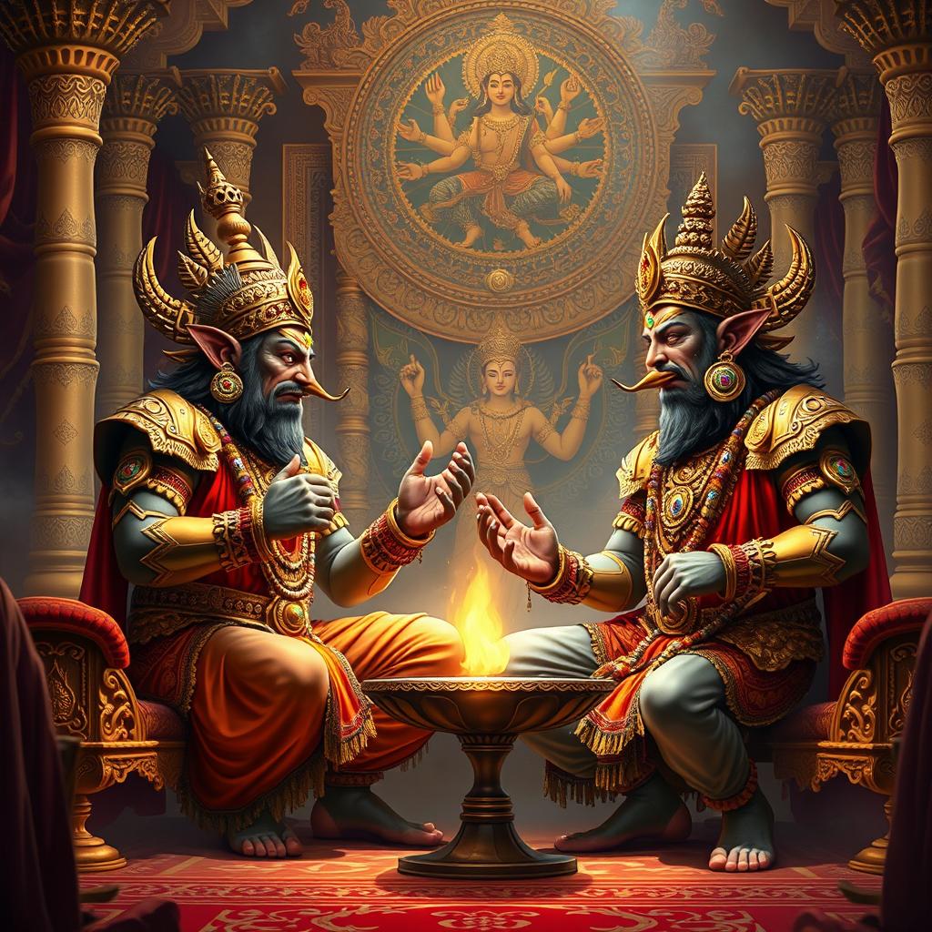 A dramatic and vibrant scene depicting Shumbh and Nishumbh engaged in a discussion about the beauty of Devi Kaushiki in their elaborate sabha (court)