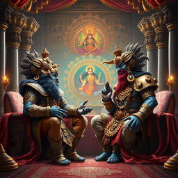 A dramatic and vibrant scene depicting Shumbh and Nishumbh engaged in a discussion about the beauty of Devi Kaushiki in their elaborate sabha (court)