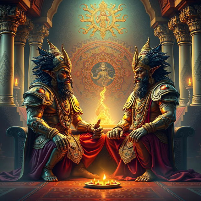 A dramatic and vibrant scene depicting Shumbh and Nishumbh engaged in a discussion about the beauty of Devi Kaushiki in their elaborate sabha (court)