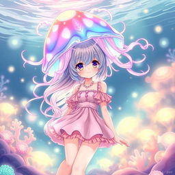 Anime character wearing a stunning jellyfish hat, adorned with intricate, flowing tentacles, showcasing a vibrant array of pastel colors