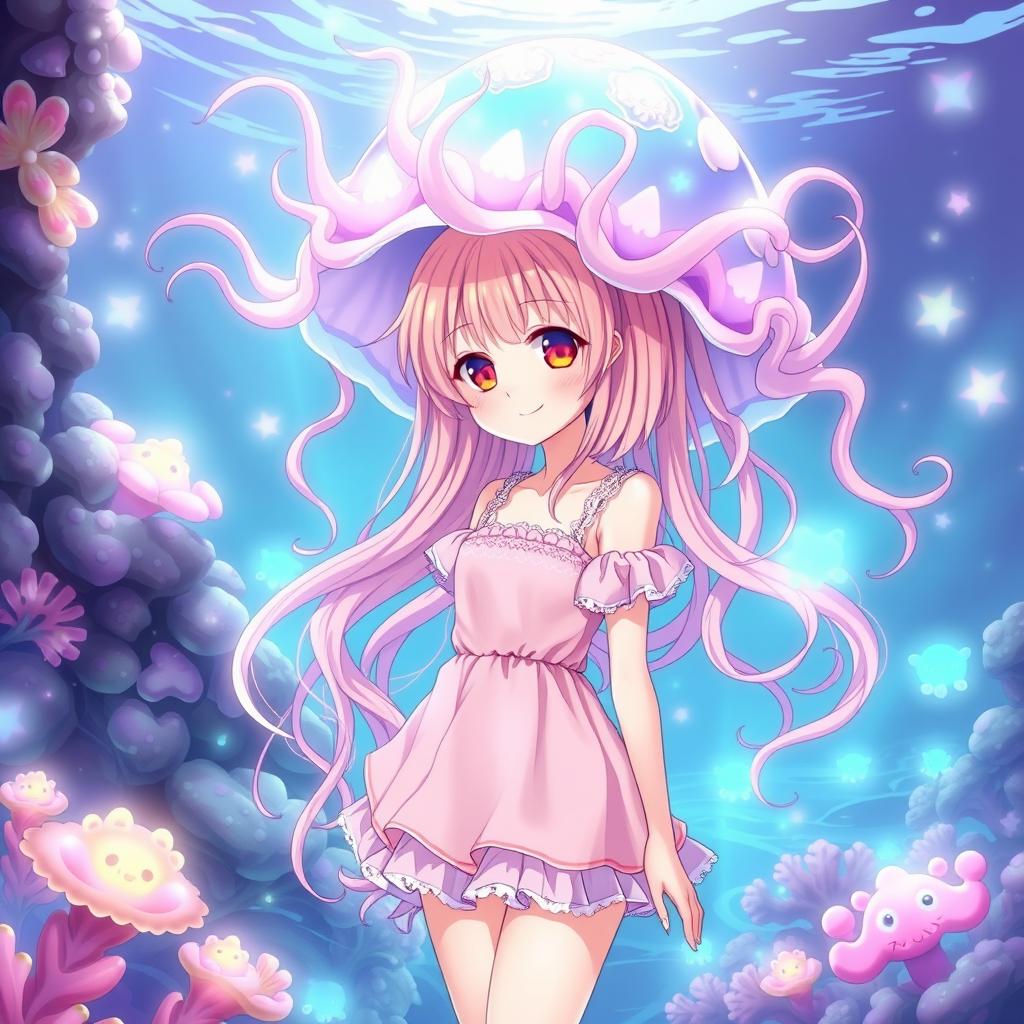 Anime character wearing a stunning jellyfish hat, adorned with intricate, flowing tentacles, showcasing a vibrant array of pastel colors