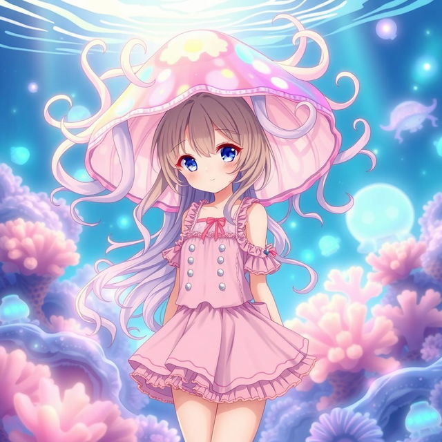 Anime character wearing a stunning jellyfish hat, adorned with intricate, flowing tentacles, showcasing a vibrant array of pastel colors