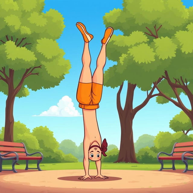 A cartoon character performing a handstand exercise in a park, showcasing calisthenics skills