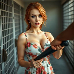 A close-up shot focused on a gorgeous female redhead wearing a floral pattern sundress that elegantly highlights her curves