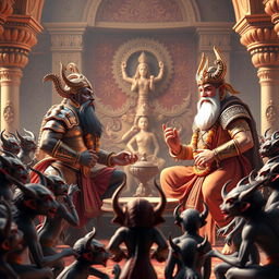 A dynamic 3D image depicting Shumbh and Nishumbh in an ornate sabha (court) engaged in an animated discussion about the beauty of Devi Kaushiki