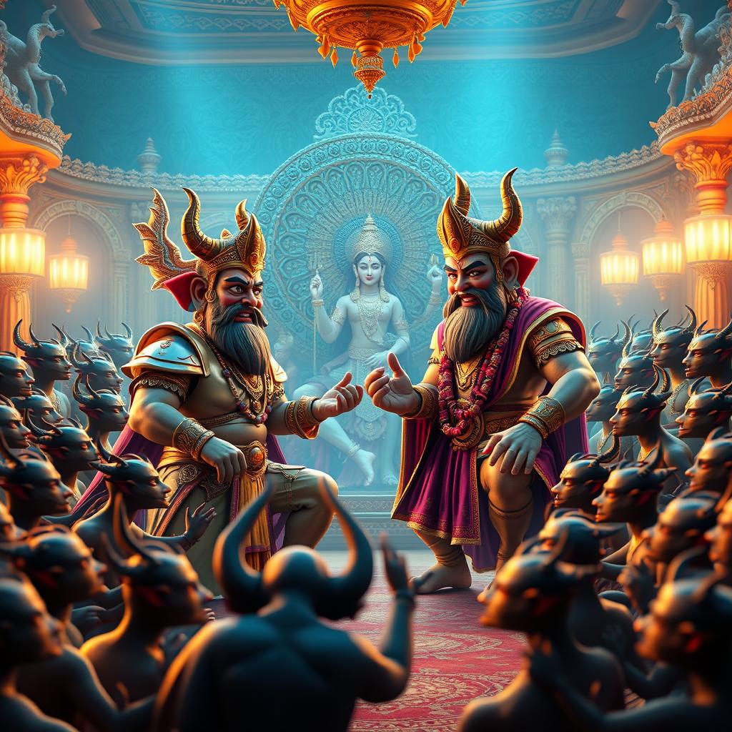 A dynamic 3D image depicting Shumbh and Nishumbh in an ornate sabha (court) engaged in an animated discussion about the beauty of Devi Kaushiki