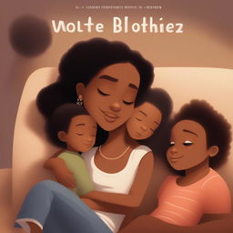 The image, perfect for a book cover, depicts a tired, light-skinned mother sitting on a sofa, almost asleep, with her two children playing around her