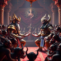 A dynamic 3D image depicting Shumbh and Nishumbh in an ornate sabha (court) engaged in an animated discussion about the beauty of Devi Kaushiki